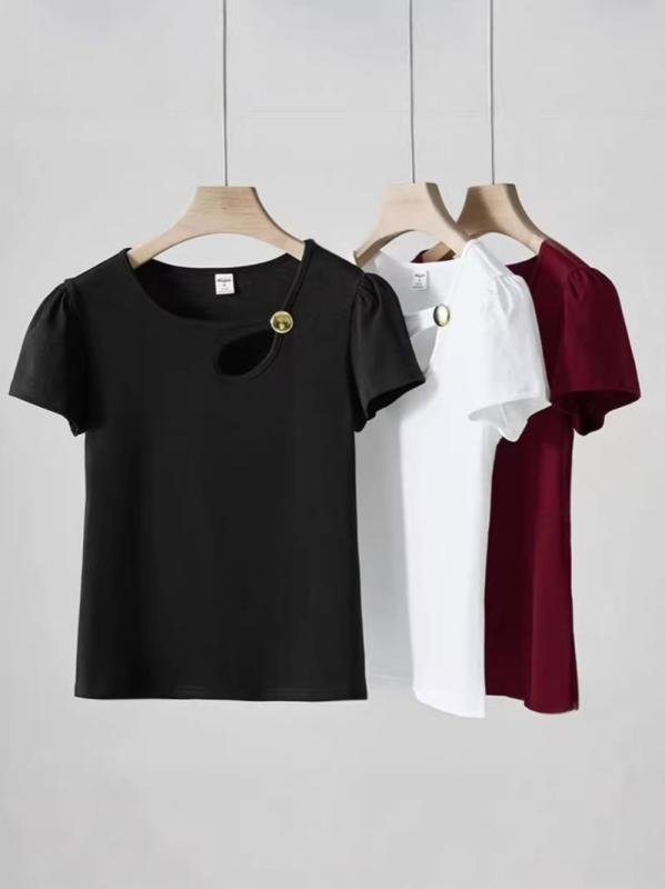 Ženski pamučni T-shirt kratkih rukava, ljetni top s prorezima, jednobojan, uski kroj