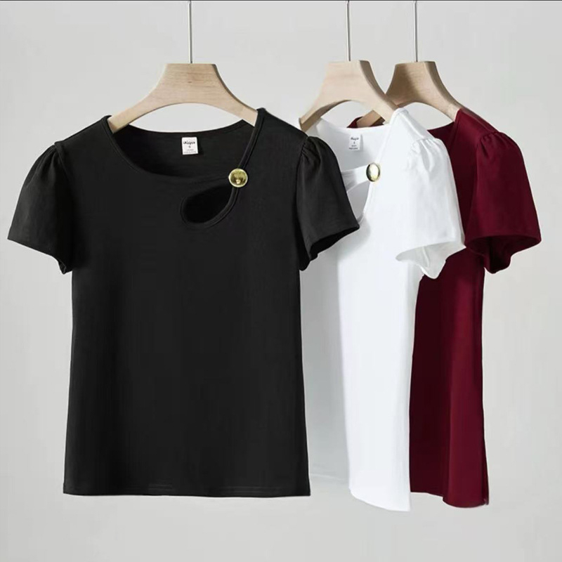 Ženski pamučni T-shirt kratkih rukava, ljetni top s prorezima, jednobojan, uski kroj