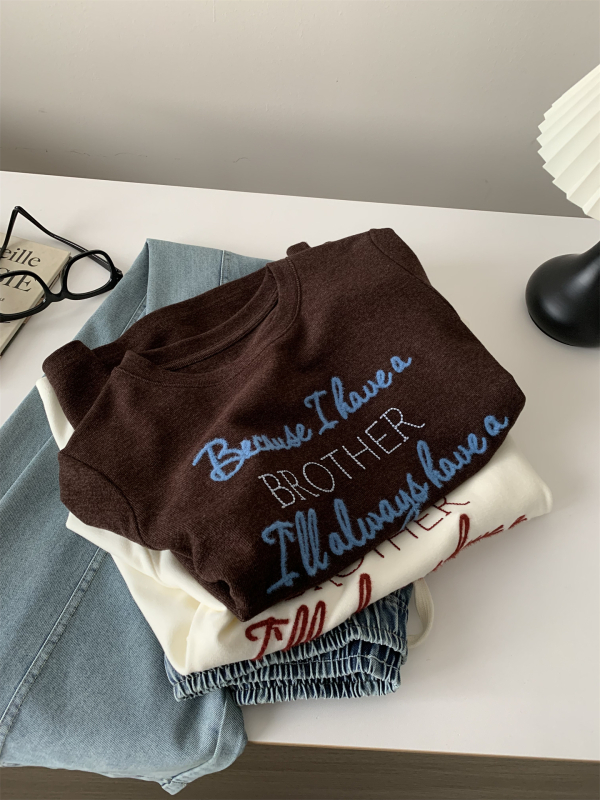 Ženski T-shirt s izvezenim slovima, okrugli izrez, meka unutarnja tekstura, kratki rukav, vintage kafa boja, proljeće/jesen 2026, svestran kroj
