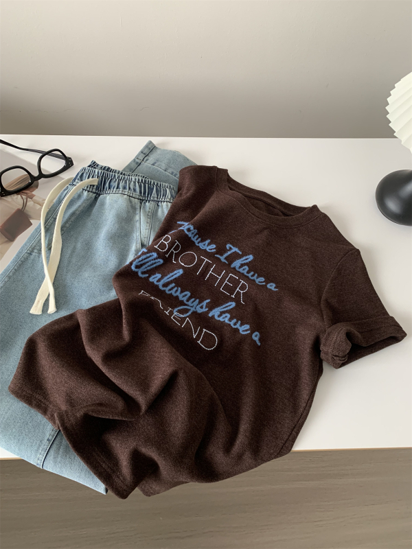 Ženski T-shirt s izvezenim slovima, okrugli izrez, meka unutarnja tekstura, kratki rukav, vintage kafa boja, proljeće/jesen 2026, svestran kroj