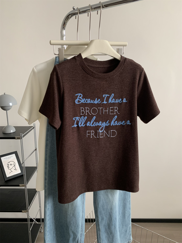 Ženski T-shirt s izvezenim slovima, okrugli izrez, meka unutarnja tekstura, kratki rukav, vintage kafa boja, proljeće/jesen 2026, svestran kroj