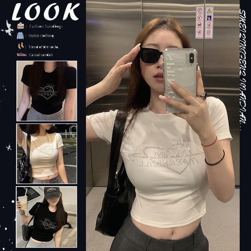 Ženski T-shirt s rhinestones u američkom stilu, kratki rukav, crop top, uski kroj, ljeto 2025
