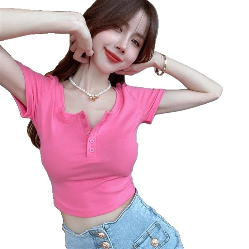 Damski elastični cropped top s kratkim rukavima, uski kroj, visok izrez, ljetni top