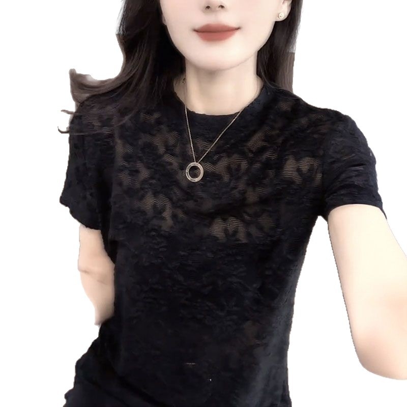 Poluprozirni seksi ženski T-shirt s kratkim rukavima, ljeto 2025, tanak prorezni gornji dio, ležerna čipkasta bluza