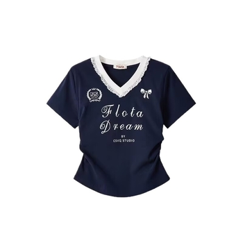 Ženski T-shirt od 100% pamuka s čipkastim dijelom i natpisom s slovima, V-izrez, kratki rukav, ljetni balet stil, uski kroj, kratak top