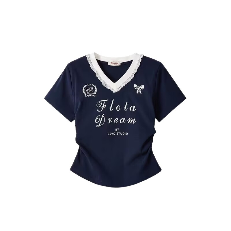 Ženski T-shirt od 100% pamuka s čipkastim dijelom i natpisom s slovima, V-izrez, kratki rukav, ljetni balet stil, uski kroj, kratak top