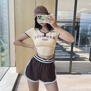 Ljetni crop top s retro printom i color-block kratkim rukavima, ženski T-shirt s okruglim izrezom i razdvojenim donjim rubom