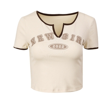 Ljetni crop top s retro printom i color-block kratkim rukavima, ženski T-shirt s okruglim izrezom i razdvojenim donjim rubom