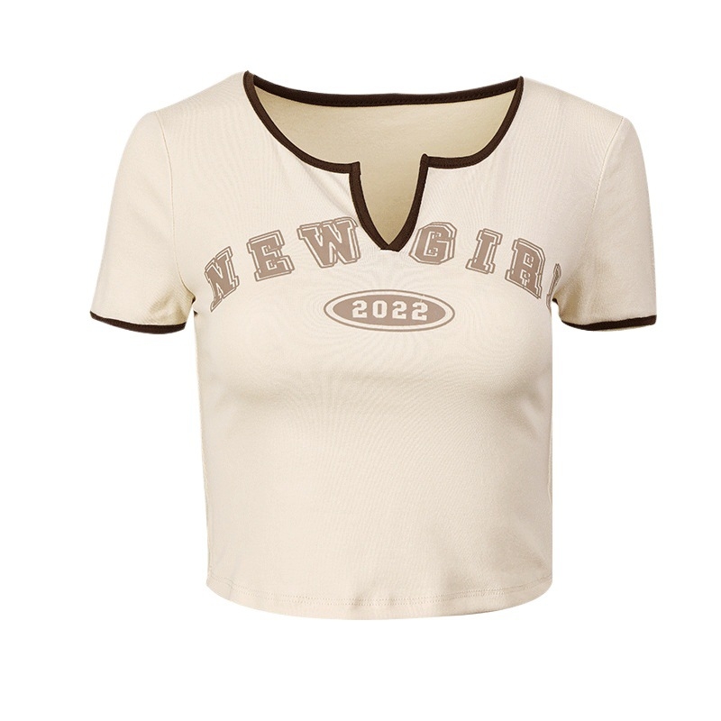 Ljetni crop top s retro printom i color-block kratkim rukavima, ženski T-shirt s okruglim izrezom i razdvojenim donjim rubom