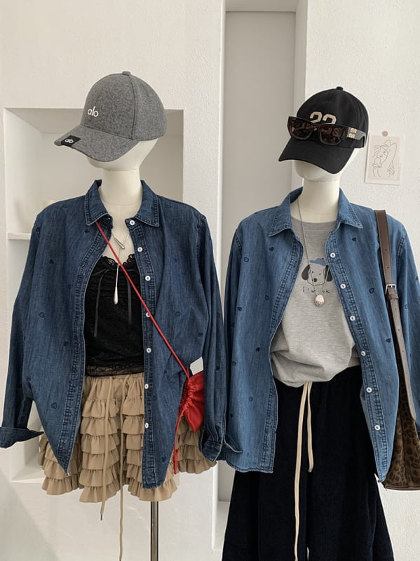 Omalai denim košulja sa šivanim srcem, ovratnik, duge rukave, srednja duljina, za žene, model 6493, proljeće 2026