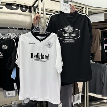 Korean Badlood BCAC Series Damska pamučna majica s V-izrezom, opuštenog kroja, kratki rukavi, sveučilišni stil, američki top