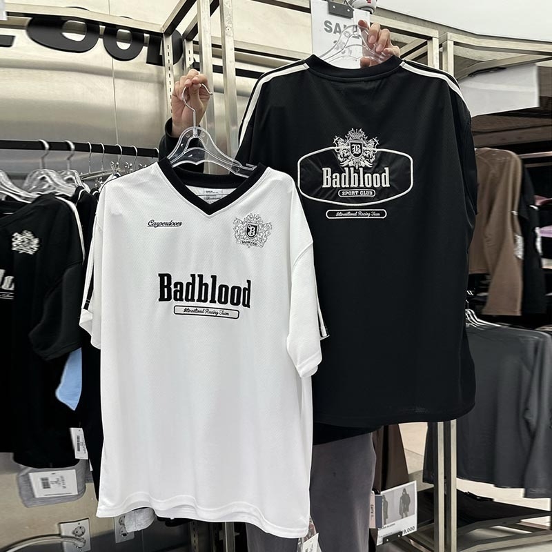 Korean Badlood BCAC Series Damska pamučna majica s V-izrezom, opuštenog kroja, kratki rukavi, sveučilišni stil, američki top