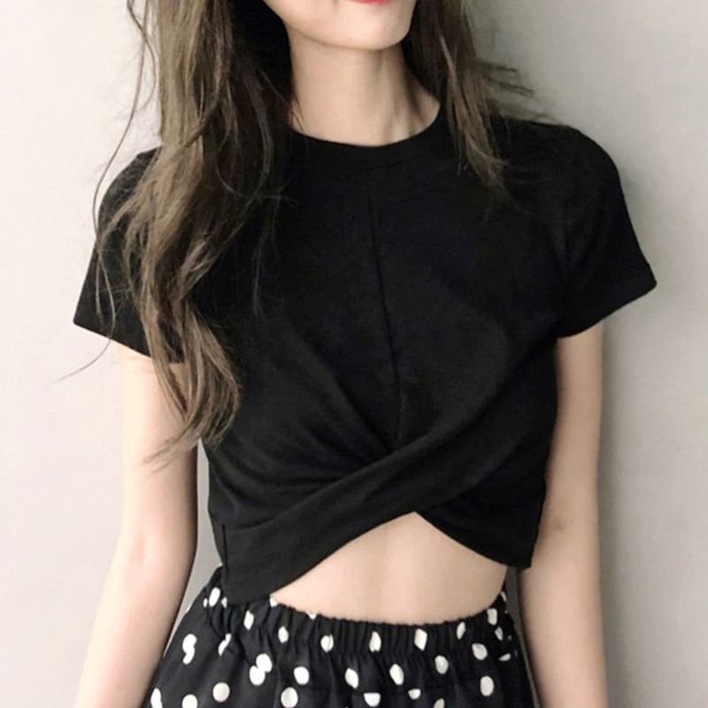 Korejskog stila jazz crop top, bijela, kratki rukavi, križni dizajn, ultra-kratak kroj, ljeto 2024