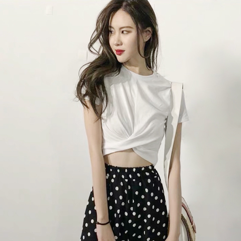 Korejskog stila jazz crop top, bijela, kratki rukavi, križni dizajn, ultra-kratak kroj, ljeto 2024