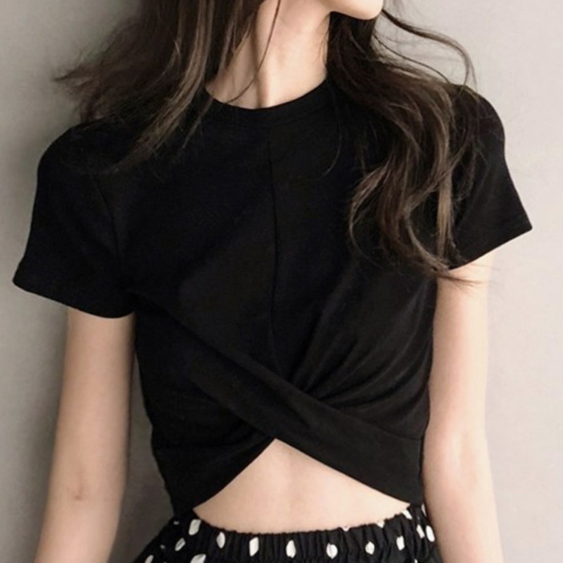 Korejskog stila jazz crop top, bijela, kratki rukavi, križni dizajn, ultra-kratak kroj, ljeto 2024