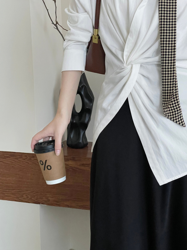 Derékon kötős ing nőknek, állítható, francia stílusú elegáns, szabálytalan szabású hosszú ujjú, 2589