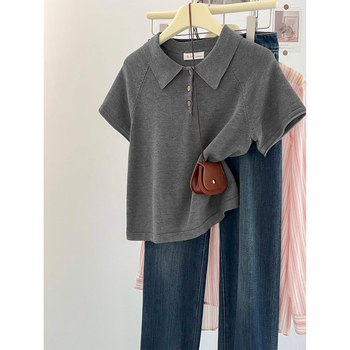 Ženska ljetna pletene majica s polo ovratnikom, kratkim rukavima, korejski stil, uski kroj, kratko top