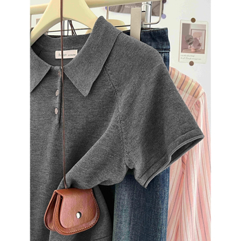 Ženska ljetna pletene majica s polo ovratnikom, kratkim rukavima, korejski stil, uski kroj, kratko top