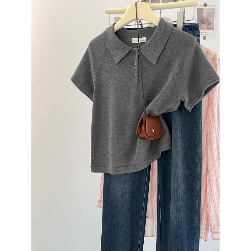 Ženska ljetna pletene majica s polo ovratnikom, kratkim rukavima, korejski stil, uski kroj, kratko top