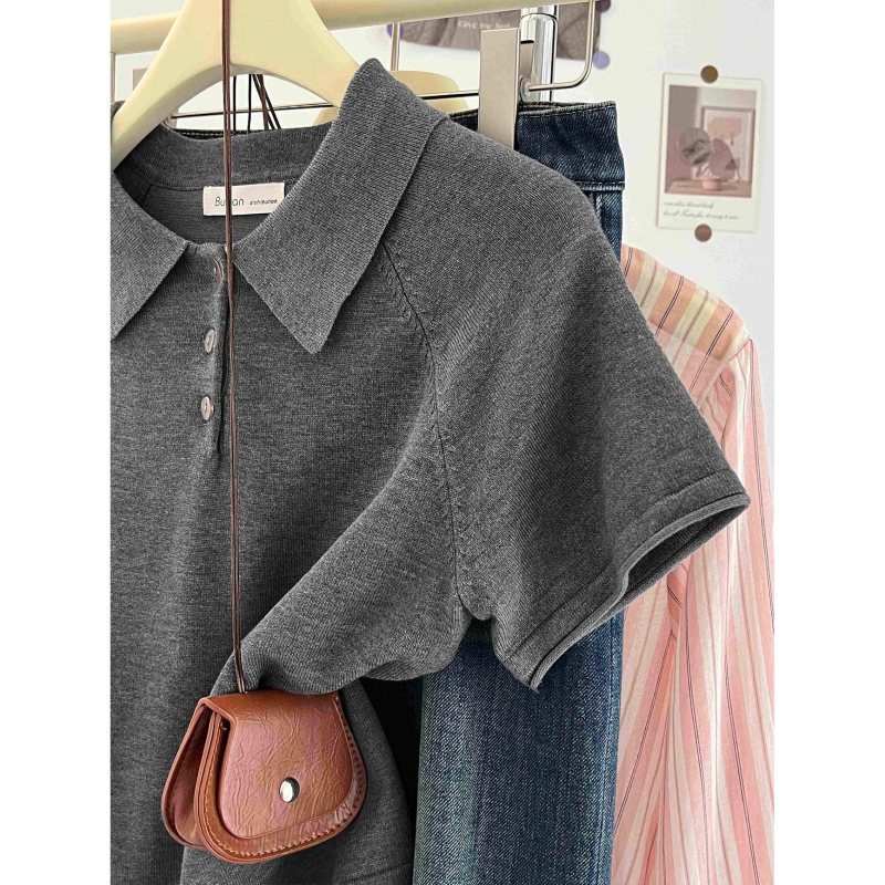 Ženska ljetna pletene majica s polo ovratnikom, kratkim rukavima, korejski stil, uski kroj, kratko top