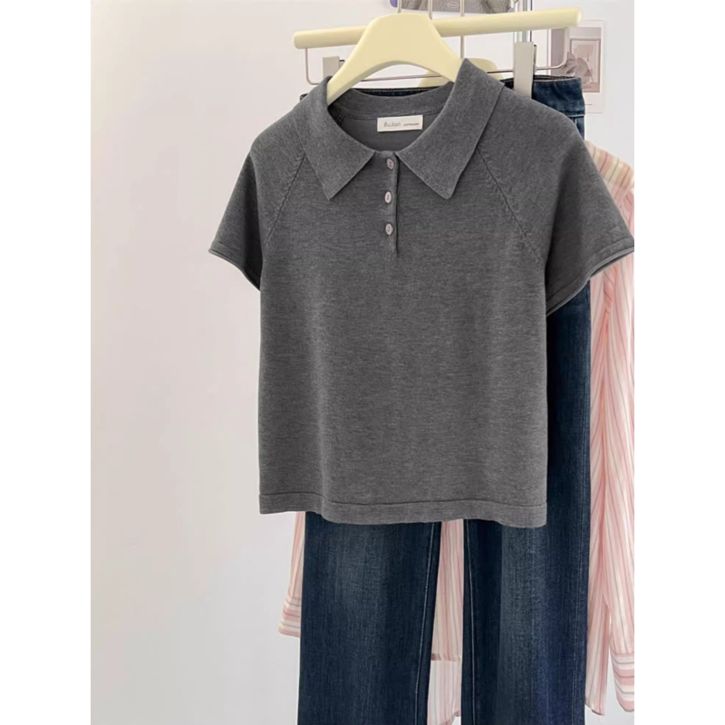 Ženska ljetna pletene majica s polo ovratnikom, kratkim rukavima, korejski stil, uski kroj, kratko top