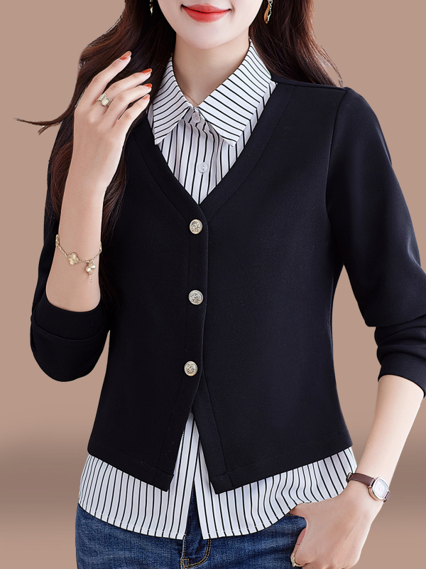 Ženska bluza s dugim rukavima, izgled dvodijelnog komada, pleteni temeljni top, proljeće 2025, elegantan uredski stil