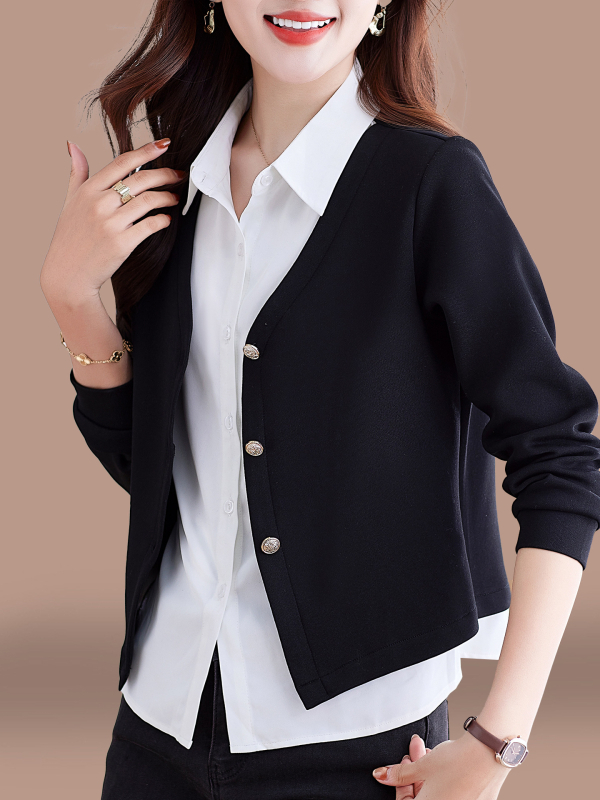Ženska bluza s dugim rukavima, izgled dvodijelnog komada, pleteni temeljni top, proljeće 2025, elegantan uredski stil
