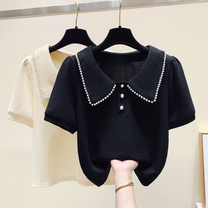Ženski T-shirt kratkih rukava za ljeto 2023, doll collar, puff sleeves, svestran dizajn