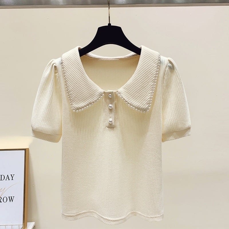 Ženski T-shirt kratkih rukava za ljeto 2023, doll collar, puff sleeves, svestran dizajn