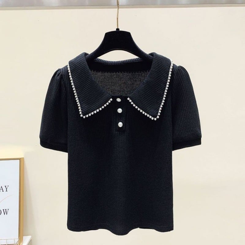 Ženski T-shirt kratkih rukava za ljeto 2023, doll collar, puff sleeves, svestran dizajn