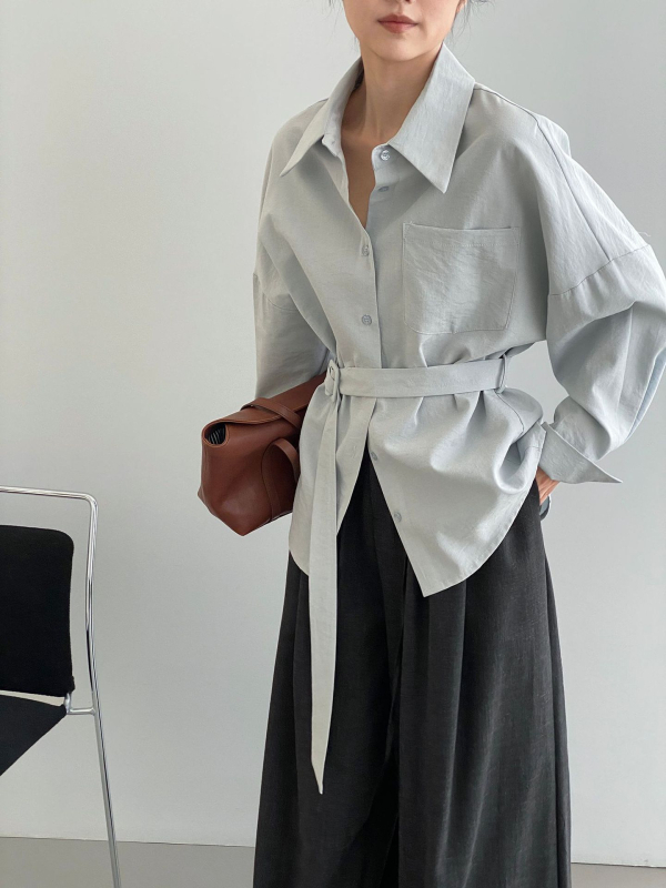 Ženska jednobojna košulja s reverom i vezicom za struk, dugi rukavi, casual japansko-korejski stil, 5079