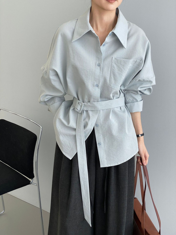 Ženska jednobojna košulja s reverom i vezicom za struk, dugi rukavi, casual japansko-korejski stil, 5079