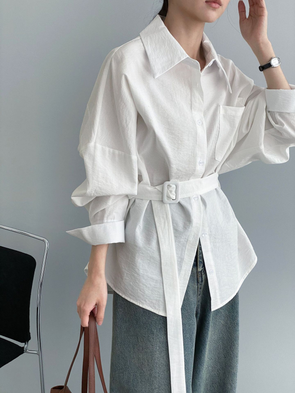 Ženska jednobojna košulja s reverom i vezicom za struk, dugi rukavi, casual japansko-korejski stil, 5079