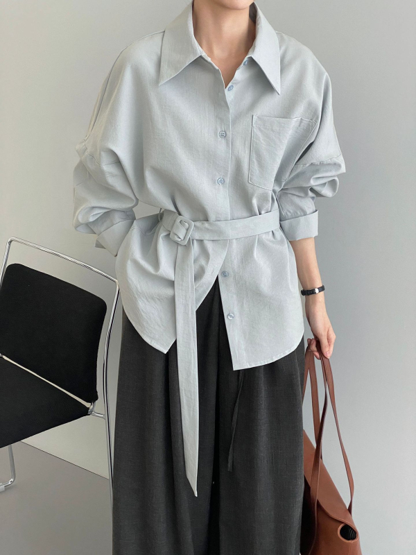 Ženska jednobojna košulja s reverom i vezicom za struk, dugi rukavi, casual japansko-korejski stil, 5079