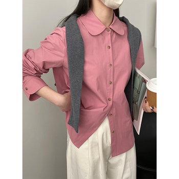 Ženska košulja u japanskom stilu s golom Peter Pan doll collar, jednobojna, oprani pamuk, dugi rukavi, kopčanje na jedan red gumba
