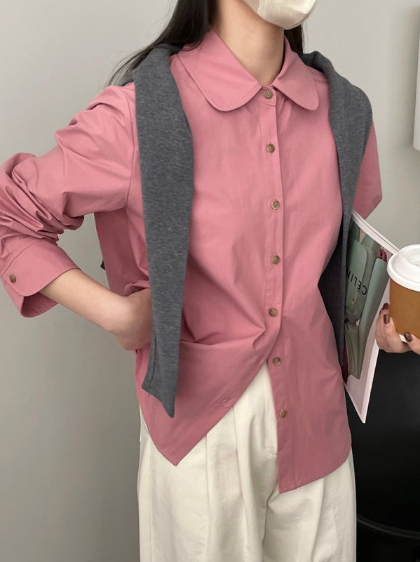Ženska košulja u japanskom stilu s golom Peter Pan doll collar, jednobojna, oprani pamuk, dugi rukavi, kopčanje na jedan red gumba