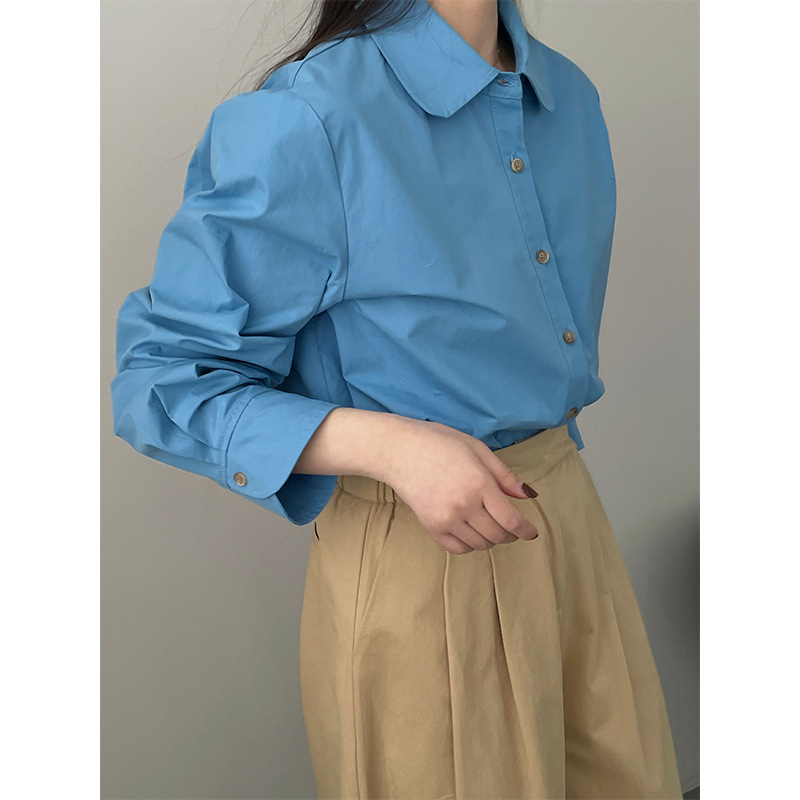 Ženska košulja u japanskom stilu s golom Peter Pan doll collar, jednobojna, oprani pamuk, dugi rukavi, kopčanje na jedan red gumba