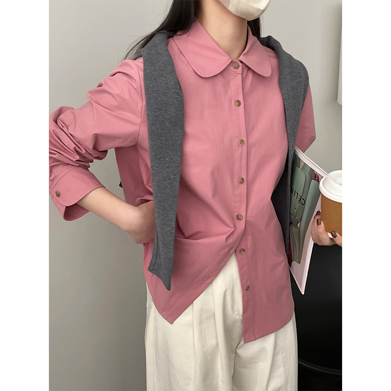 Ženska košulja u japanskom stilu s golom Peter Pan doll collar, jednobojna, oprani pamuk, dugi rukavi, kopčanje na jedan red gumba