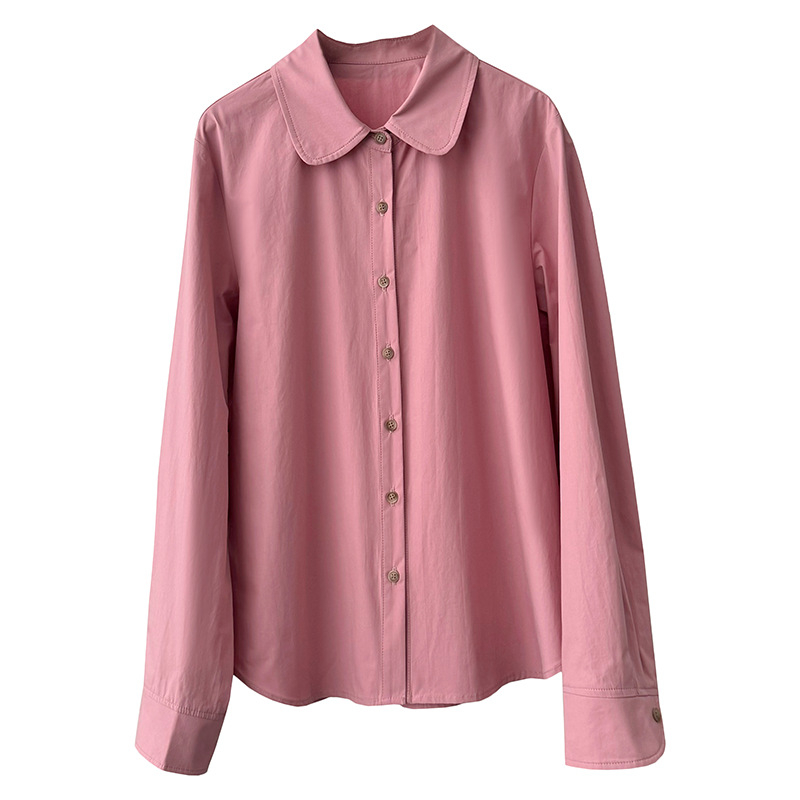 Ženska košulja u japanskom stilu s golom Peter Pan doll collar, jednobojna, oprani pamuk, dugi rukavi, kopčanje na jedan red gumba