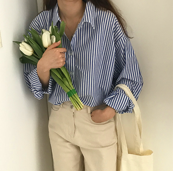 Ženska košulja s prugama u korejskom chic stilu, opuštenog kroja, francuski stil, polo ovratnik, jesen