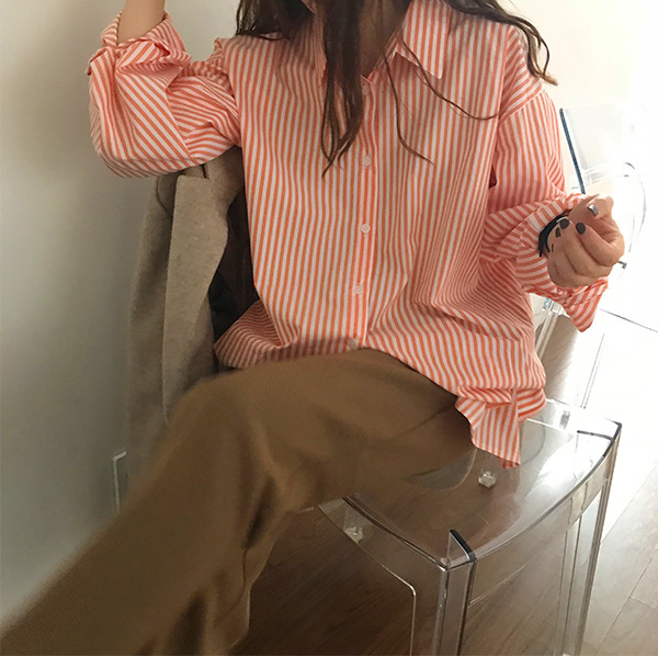 Ženska košulja s prugama u korejskom chic stilu, opuštenog kroja, francuski stil, polo ovratnik, jesen