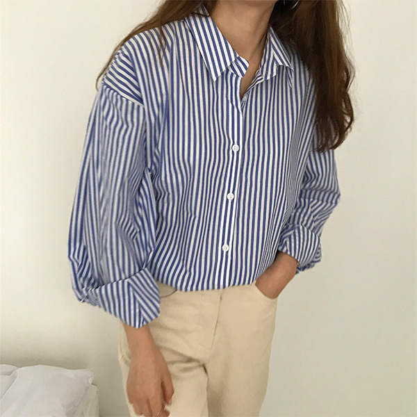 Ženska košulja s prugama u korejskom chic stilu, opuštenog kroja, francuski stil, polo ovratnik, jesen