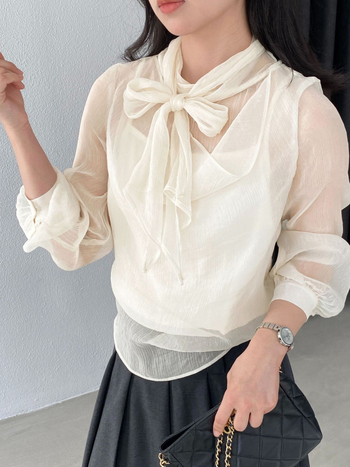 Jiangzuo Organza szalag blúz – lágy, átlátszó anyag, hosszú ujjú, lebegő gallérral