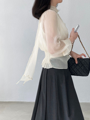 Jiangzuo Organza szalag blúz – lágy, átlátszó anyag, hosszú ujjú, lebegő gallérral