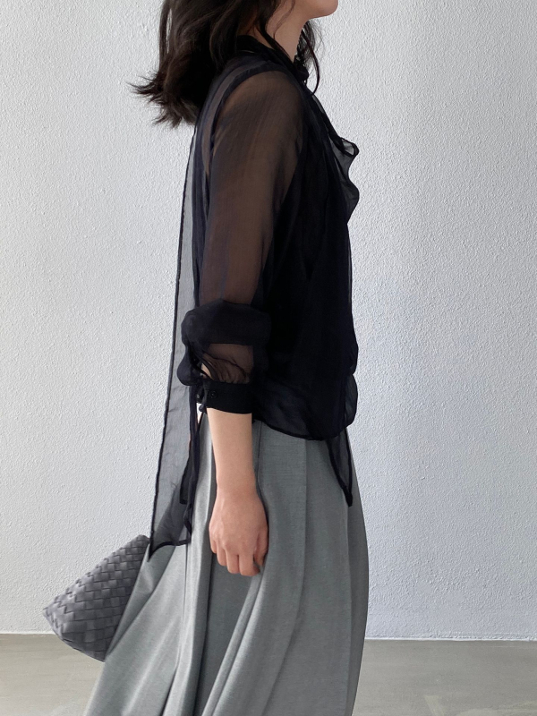 Jiangzuo Organza szalag blúz – lágy, átlátszó anyag, hosszú ujjú, lebegő gallérral