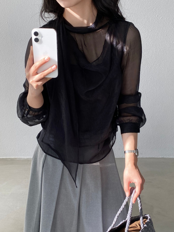 Jiangzuo Organza szalag blúz – lágy, átlátszó anyag, hosszú ujjú, lebegő gallérral
