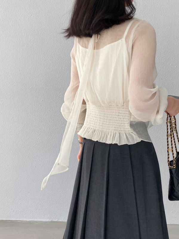 Jiangzuo Organza szalag blúz – lágy, átlátszó anyag, hosszú ujjú, lebegő gallérral