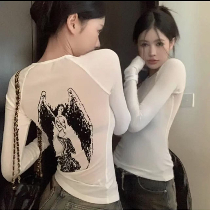 Ženski T‑shirt s printom anđela na mrežastom materijalu, dugi rukavi, uski kroj, crop top, korejski stil, za proljeće i jesen