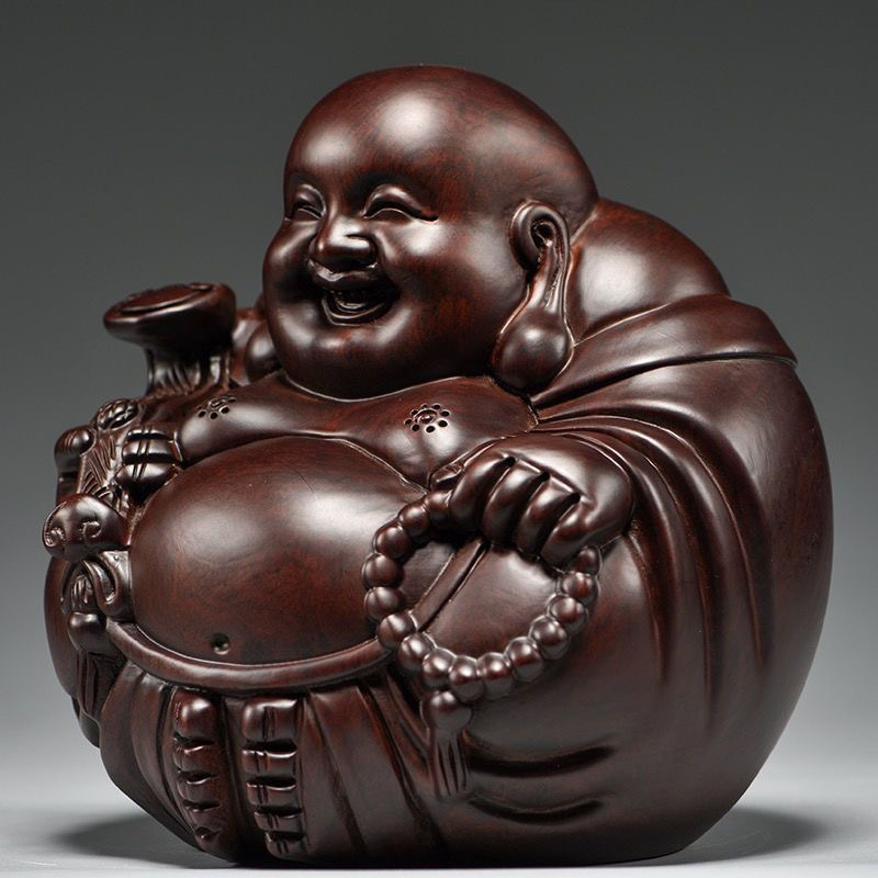 Statua Buddhe Maitreya, rezbarena od Ebenovog drveta, mali stolni ukras, dekor dnevnog boravka od masivnog drveta, nasmijani Buda s mirnom aurom