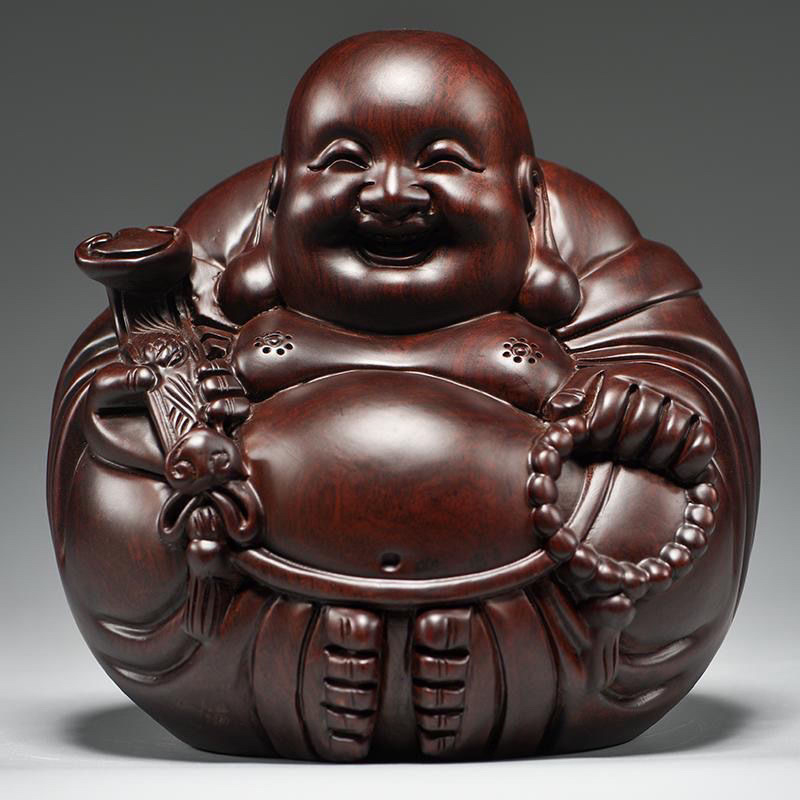 Statua Buddhe Maitreya, rezbarena od Ebenovog drveta, mali stolni ukras, dekor dnevnog boravka od masivnog drveta, nasmijani Buda s mirnom aurom